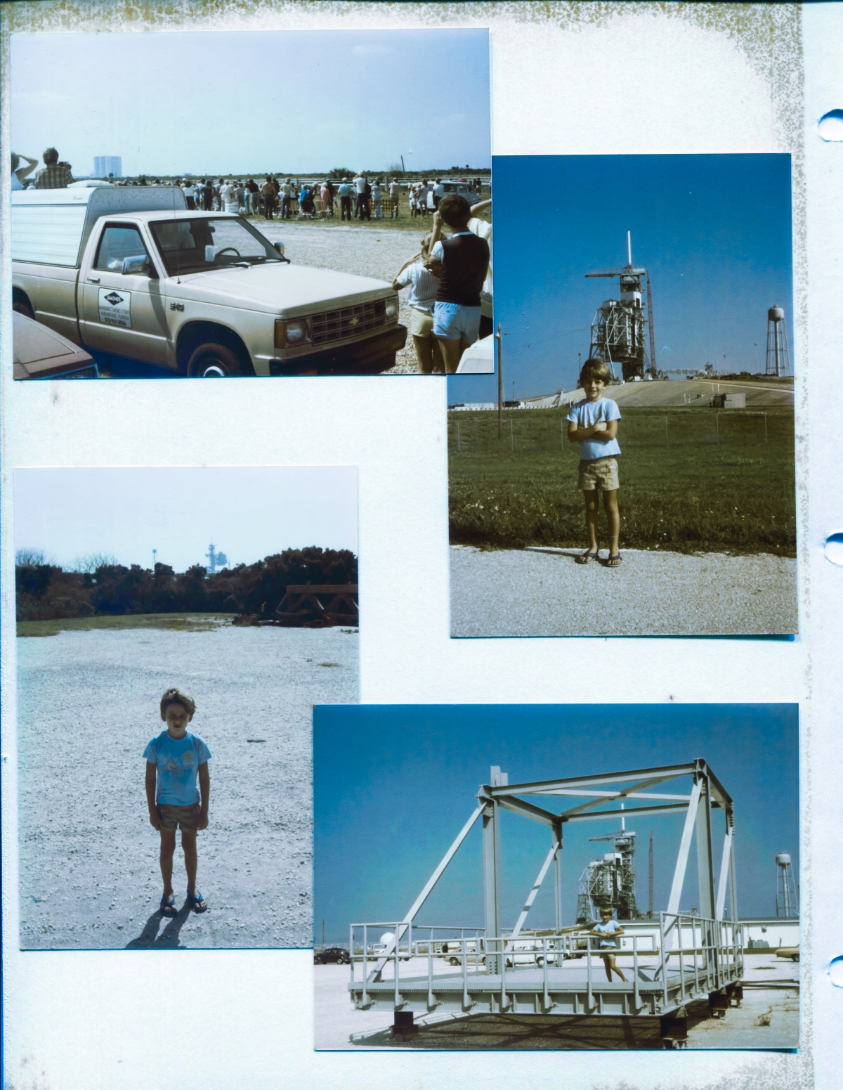 Image 082 thru 085 Whole Page. Second ever landing of a Space Shuttle mission at the Kennedy Space Center, October 13, 1984. NASA held an Open House that day for badged employees and their family members. Mission 41-G landed using runway 33, flying south to north, and it is VERY faintly visible to the right of the VAB in the top left photograph on this page, and we will examine that closely as an individual image, farther down on this page. On this day, I took my son Kai to see the landing, out where his dad worked on the Launch Pad, and we parked with everyone else at the end of the Crawlerway, just outside the Pad Perimeter Fence, near the Ops Building. After the landing, when everyone else had departed and we were alone at the Pad, we lingered a while as I photographed Kai in the empty Ops Building parking lot with Pad A in the distance behind him, then on the Centaur Porch (his footprints forever more on actual Launch Hardware, and much more on this steel structure later), and then I drove a short way west on the bypass road just outside the Perimeter Fence to a location nearly in line with the southwest Pad Camera Site (you're not allowed to do any of this, but we did it anyway and priceless memories unlike any other are the reward, and no trouble ensued as a result) to get another photograph of Kai with the RSS/FSS directly behind him, from a different angle. The look on his face says it all. No words can ever add to that look, and I'll not attempt to offer any. The Pad Structures are far away, but these images contain information critical to documenting the sequence of erection, and we'll be getting into that, farther down on this page, too. Photo by James MacLaren. Image 082 thru 085 Whole Page. Second ever landing of a Space Shuttle mission at the Kennedy Space Center, October 13, 1984. NASA held an Open House that day for badged employees and their family members. Mission 41-G landed using runway 33, flying south to north, and it is VERY faintly visible to the right of the VAB in the top left photograph on this page, and we will examine that closely as an individual image, farther down on this page. On this day, I took my son Kai to see the landing, out where his dad worked on the Launch Pad, and we parked with everyone else at the end of the Crawlerway, just outside the Pad Perimeter Fence, near the Ops Building. After the landing, when everyone else had departed and we were alone at the Pad, we lingered a while as I photographed Kai in the empty Ops Building parking lot with Pad A in the distance behind him, then on the Centaur Porch (his footprints forever more on actual Launch Hardware, and much more on this steel structure later), and then I drove a short way west on the bypass road just outside the Perimeter Fence to a location nearly in line with the southwest Pad Camera Site (you're not allowed to do any of this, but we did it anyway and priceless memories unlike any other are the reward, and no trouble ensued as a result) to get another photograph of Kai with the RSS/FSS directly behind him, from a different angle. The look on his face says it all. No words can ever add to that look, and I'll not attempt to offer any. The Pad Structures are far away, but these images contain information critical to documenting the sequence of erection, and we'll be getting into that, farther down on this page, too. Photo by James MacLaren.